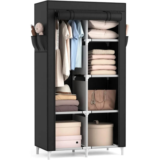 Portable Closet Wardrobe With 6 Shelves And Hanging Rod