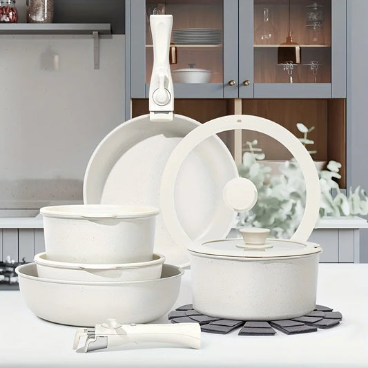 White 15pcs Pot And Pan Set Non-stick, Kitchen Cookware Set With Removable Handle, PFAS And PFOA Free, Kitchenware, Gift