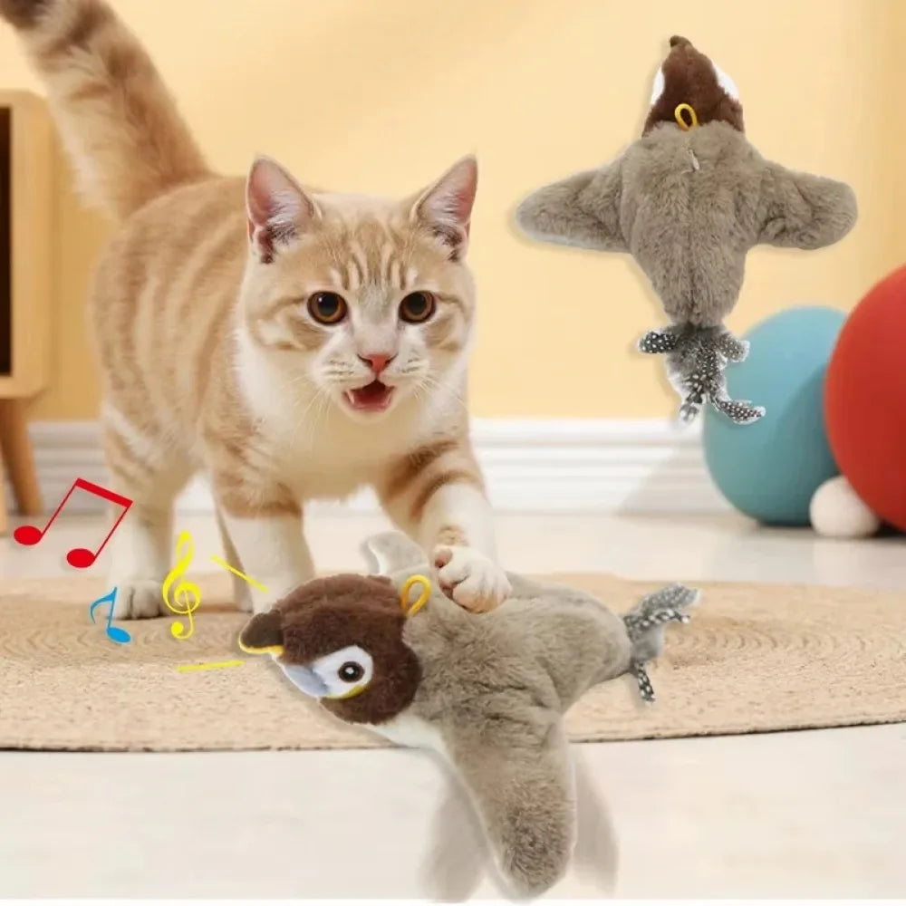Hot Cat Interactive Toy - Electric Flapping Bird, USB Rechargeable, Touch-Activated Squeaky Plush w/Catnip for Cats & Small Dogs