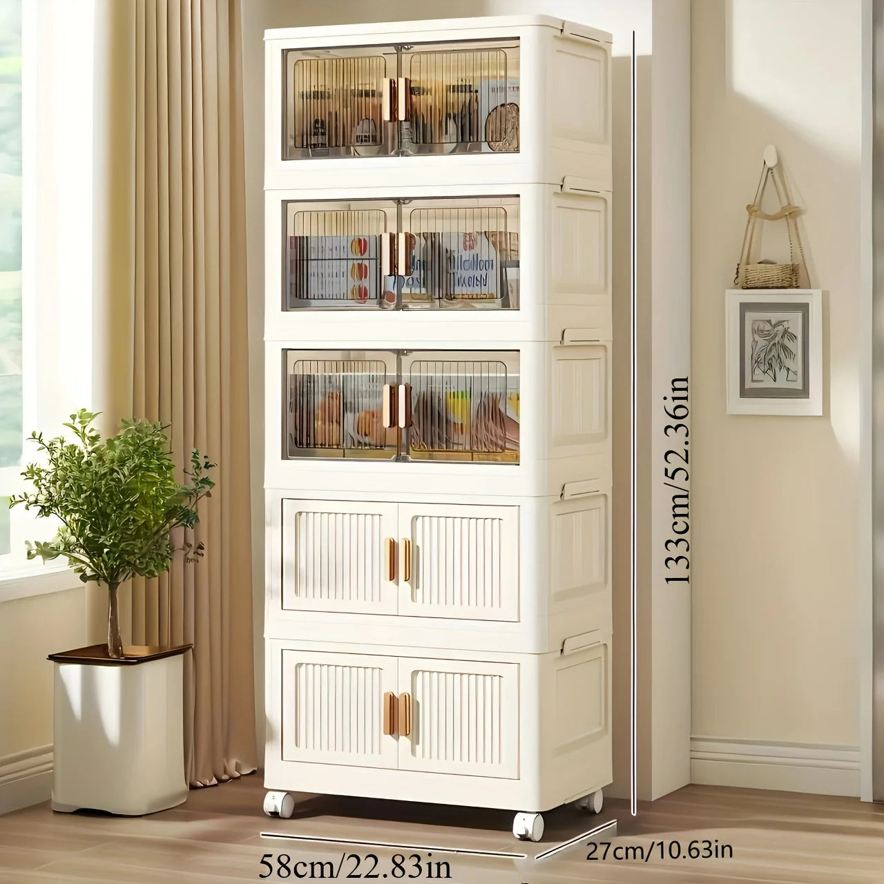 Large 5-layer Foldable Storage Organizer with Wheels – No Assembly, Ready-to-Use, Magnetic Doors, Multi-Scene, Holds Clothes