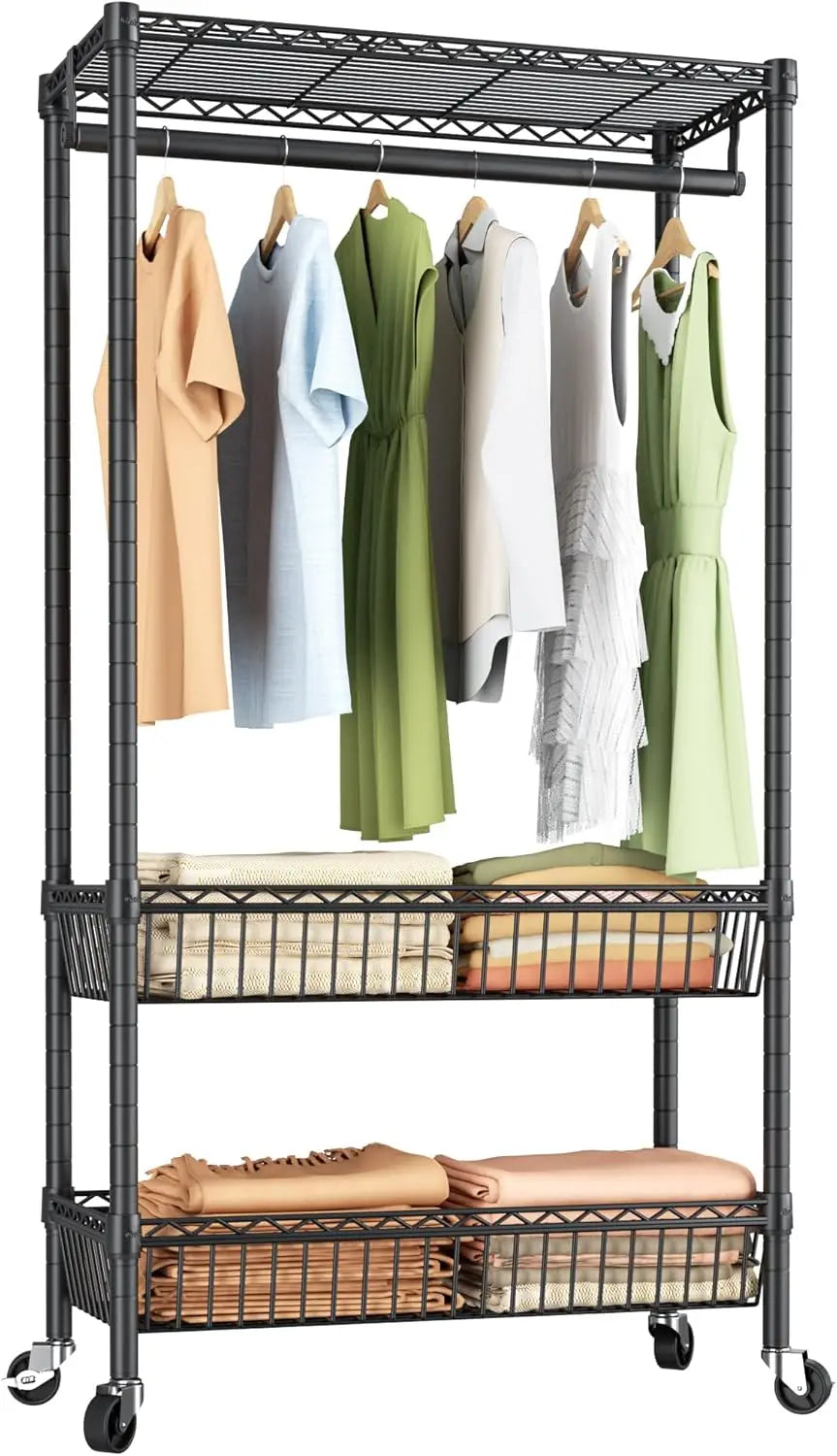 Heavy Duty Rolling Garment Rack With 3 Adjustable Shelves