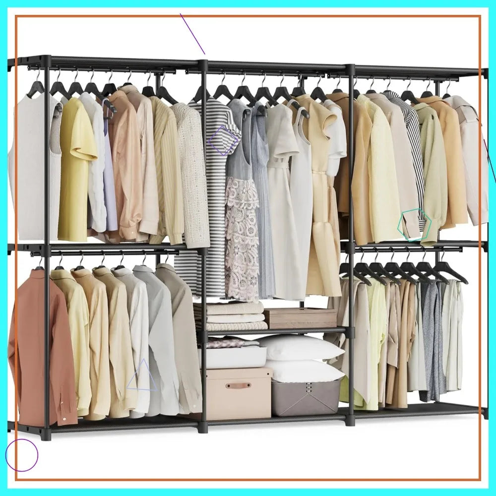 Portable Closet Organizer with Shelves and Hanging Rods, Freestanding Storage for Bedroom, 80.7 x 17.1 x 65.4 Inches, Black