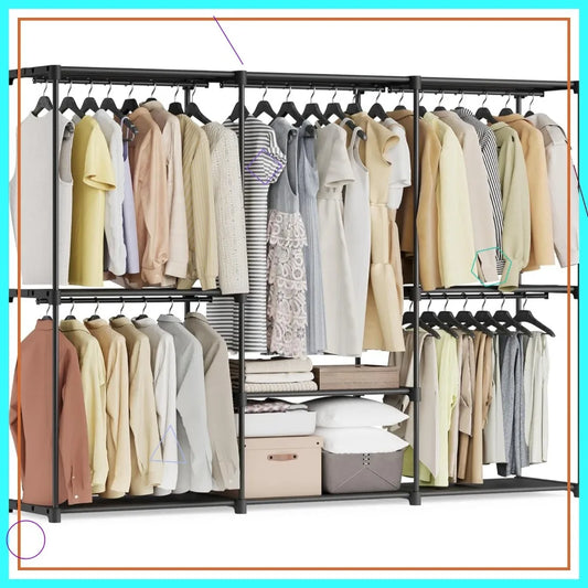 Portable Closet Organizer with Shelves and Hanging Rods, Freestanding Storage for Bedroom, 80.7 x 17.1 x 65.4 Inches, Black