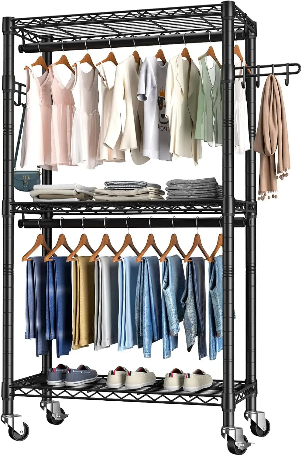 Heavy Duty Rolling Garment Rack With 3 Adjustable Shelves