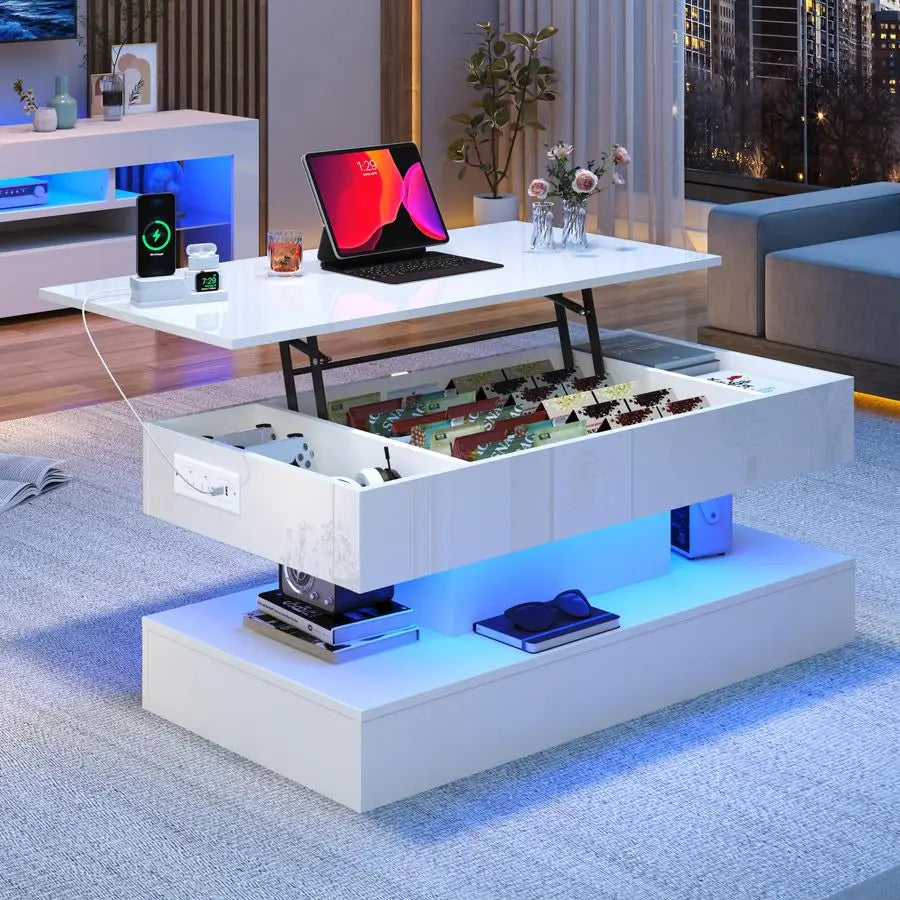 Large Lift Top Coffee Table,Modern High Glossy LED Coffee Tables for Living Room with Storage,Black Living Room Tables for Livin
