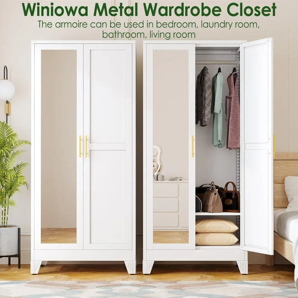 71 Inch Metal Armoire Wardrobe Closet with 2 Mirror Doors Adjustable Shelves And Hanging Wardrobe Cabinet for Bedroom Storage