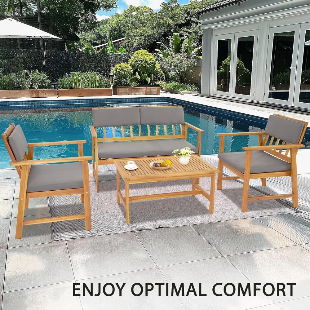 Outdoor Patio Furniture, 4 Piece Acacia Wood Sofa Set w/Coffee Table, Patio Table and Chairs Set for Deck, Balcony