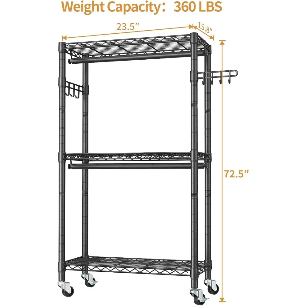 Heavy Duty Rolling Garment Rack With 3 Adjustable Shelves