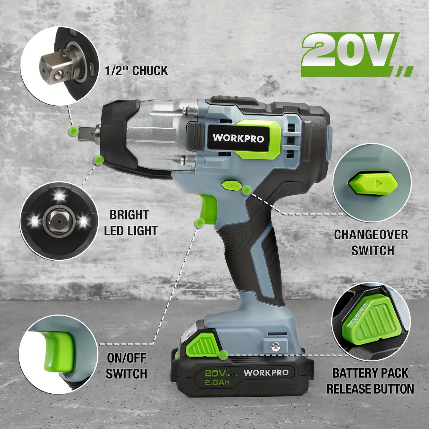 [WORKPRO 20V Impact Wrench] WORKPRO 20V Cordless Impact Wrench, 1/2-inch, 320ft Pounds Max Torque, 2.0Ah Li-ion Battery with Fast Charger, Belt Clip for Easy Carrying, Fathers Day Gifts
