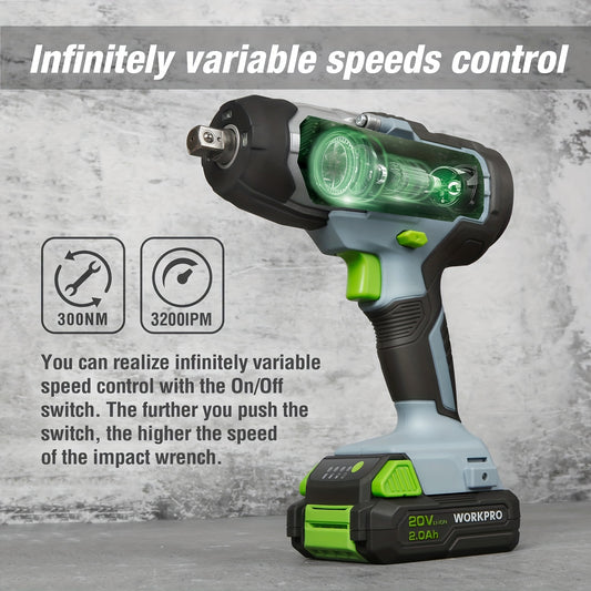 [WORKPRO 20V Impact Wrench] WORKPRO 20V Cordless Impact Wrench, 1/2-inch, 320ft Pounds Max Torque, 2.0Ah Li-ion Battery with Fast Charger, Belt Clip for Easy Carrying, Fathers Day Gifts