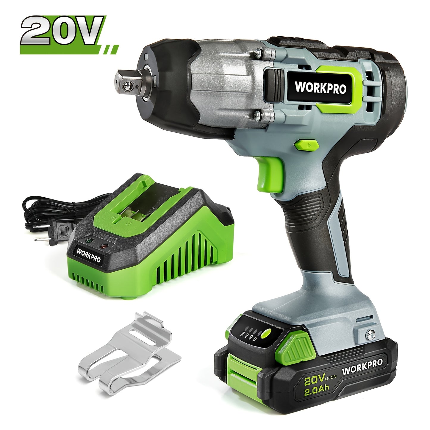 [WORKPRO 20V Impact Wrench] WORKPRO 20V Cordless Impact Wrench, 1/2-inch, 320ft Pounds Max Torque, 2.0Ah Li-ion Battery with Fast Charger, Belt Clip for Easy Carrying, Fathers Day Gifts
